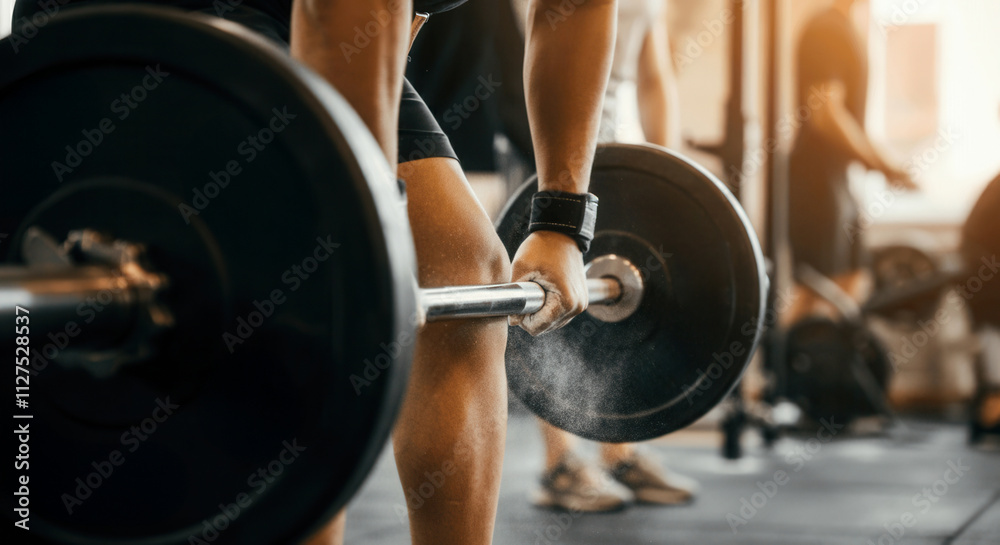 Close-up of a weightlifter lifting a barbell in a gym setting Close-up of a weightlifter lifting a barbell in a gym setting