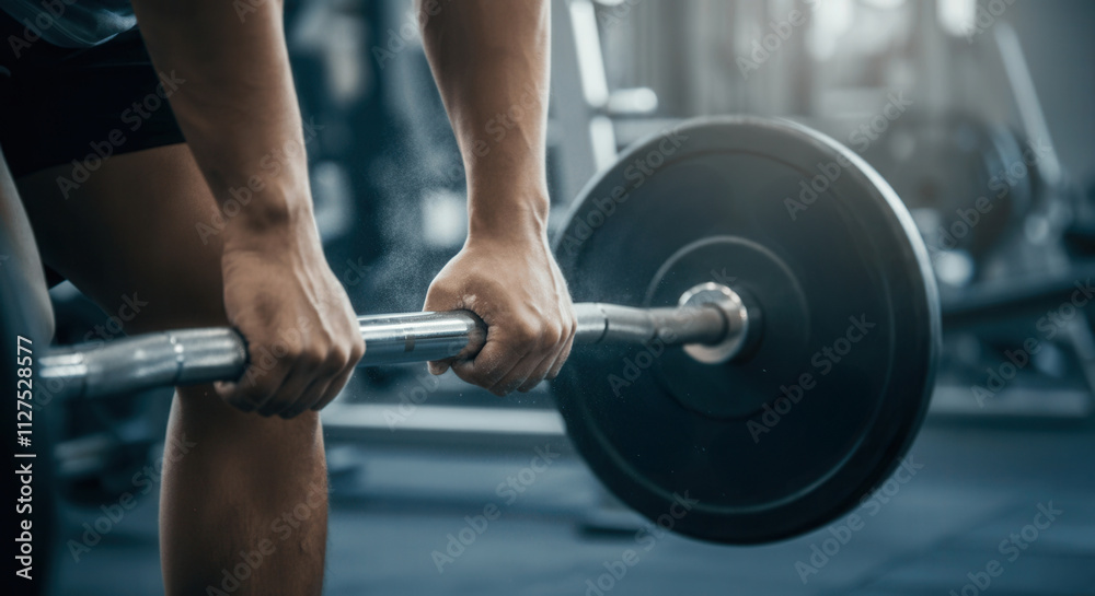 Close-up of hands gripping a barbell in a modern gym setting Close-up of hands gripping a barbell in a modern gym setting
