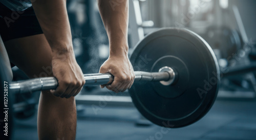 Close-up of hands gripping a barbell in a modern gym setting