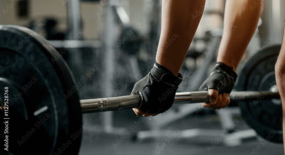 Close-up of a weightlifter gripping a barbell in a gym setting Close-up of a weightlifter gripping a barbell in a gym setting