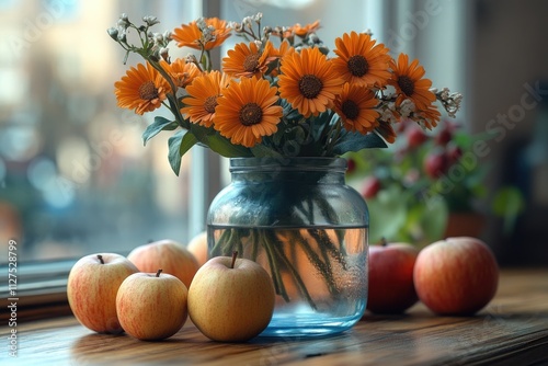 A decorative vase filled with bright orange flowers sits next to a bowl of crisp apples photo