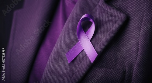 Purple awareness ribbon pinned on a stylish blazer photo