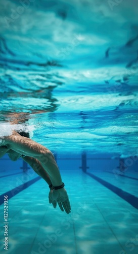 Swimmer gliding through clear water in a competitive swimming pool