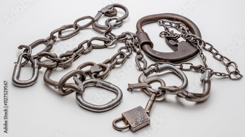 Iron chains, shackles with heavy ball and padlock. Concept of prison, slavery and jail break. Vector cartoon set of handcuff, fetters, broken chains and locks isolated on white background