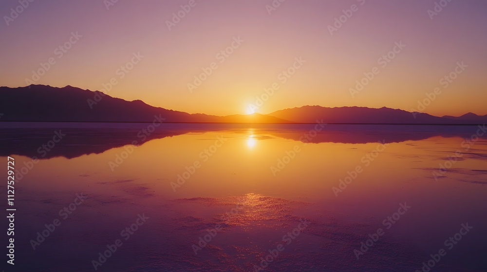 A sunset over a salt lake with orange and pink hues reflecting on the water. A sunset over a salt lake with orange and pink hues reflecting on the water.