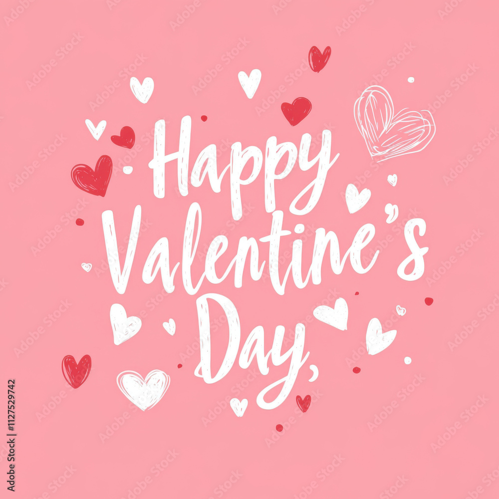 Happy valentine’s day illustration greeting card banner, White Valentine hand lettering, calligraphy style and red heart shape on pink watercolor background Happy valentine’s day illustration greeting card banner, White Valentine hand lettering, calligraphy style and red heart shape on pink watercolor background