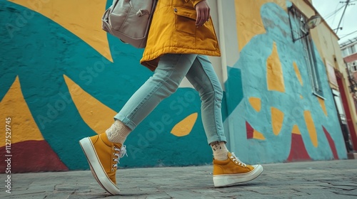 Woman walking in yellow raincoat, jeans, and sneakers past colorful street art.
