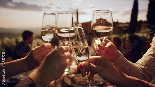 Friends Toasting Wine Glasses At Outdoor Sunset Dinner Party In Tuscany Villa Celebration Joy Happiness