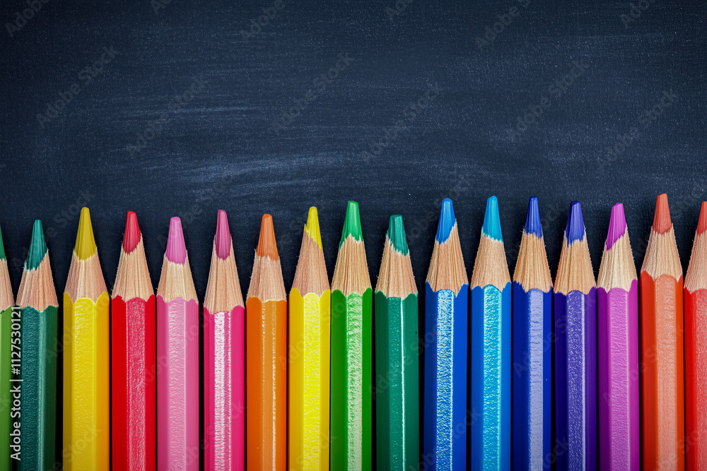 Colored pencils on chalkboard background. Top view and copy space. Concept of art education. Colored pencils on chalkboard background. Top view and copy space. Concept of art education.