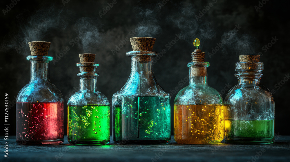 Cartoon set of glass bottles with green magic potions isolated on dark background. Vector illustration of different shape corked jars with bubbly poisonous liquid substance. Game props collection Cartoon set of glass bottles with green magic potions isolated on dark background. Vector illustration of different shape corked jars with bubbly poisonous liquid substance. Game props collection