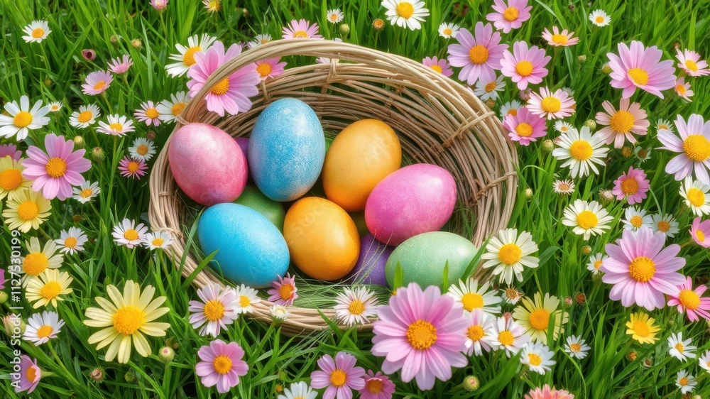 Colorful Easter eggs in a basket on a lush green meadow surrounded by blooming spring flowers, basket, colorful Colorful Easter eggs in a basket on a lush green meadow surrounded by blooming spring flowers, basket, colorful