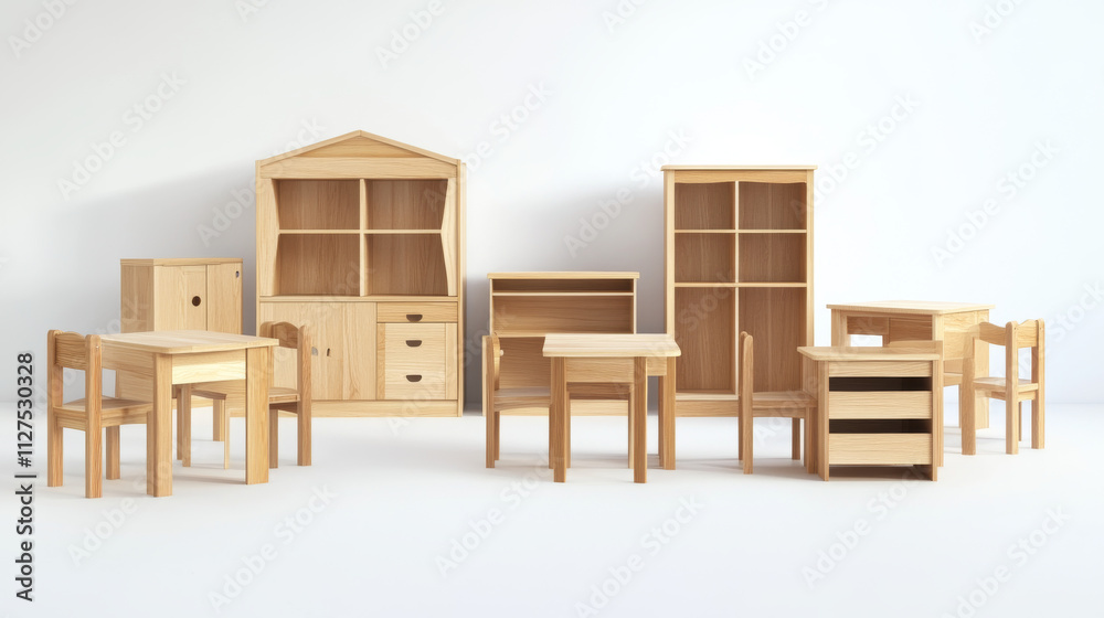 Kindergarten furniture, set cartoon vector illustrations. Wooden furniture for childrens play or class room, desk, chairs, empty bookshelves and cabinet with drawers, isolated on white background Kindergarten furniture, set cartoon vector illustrations. Wooden furniture for childrens play or class room, desk, chairs, empty bookshelves and cabinet with drawers, isolated on white background