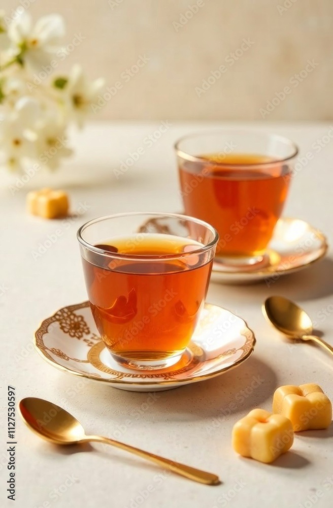Elegant tea setting with golden spoons and floral background for relaxation and hospitality Elegant tea setting with golden spoons and floral background for relaxation and hospitality