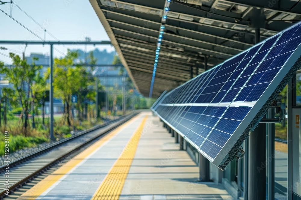 Fototapeta premium Solar panels installed at a modern train station boost renewable energy use in a developing urban area. Generative AI