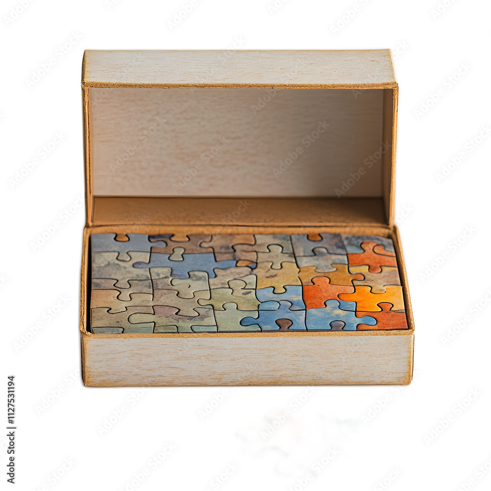Wooden puzzle box with colorful pieces displayed on white backdrop Wooden puzzle box with colorful pieces displayed on white backdrop