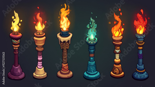 Medieval game torches with bright yellow and orange flames on wooden, metal and stone holders with decorative elements. Cartoon set of flambeau sticks for fantasy dungeon exploration interface icons.