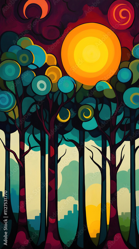 Obraz premium Geometrically Styled Forest Scene with Bold Teal and Maroon Trees and a Glowing Sun for Abstract Nature Art