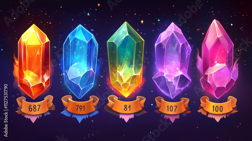 Purple badges with level number and xp points for game ui design. Vector cartoon icons of crystal stone labels with rank, experience and orange ribbons isolated on background