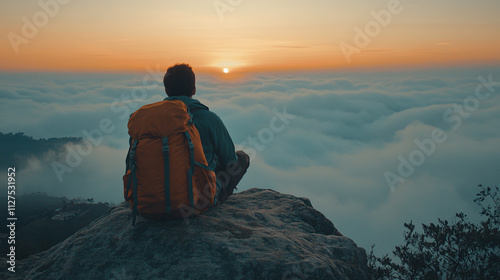 Rearview of a man wearing a backpack, sitting on a rocky mountain top peak cliff edge rock watching horizon sunset or sunrise over clouds. extreme nature adventure,hiking activity,journey success. photo