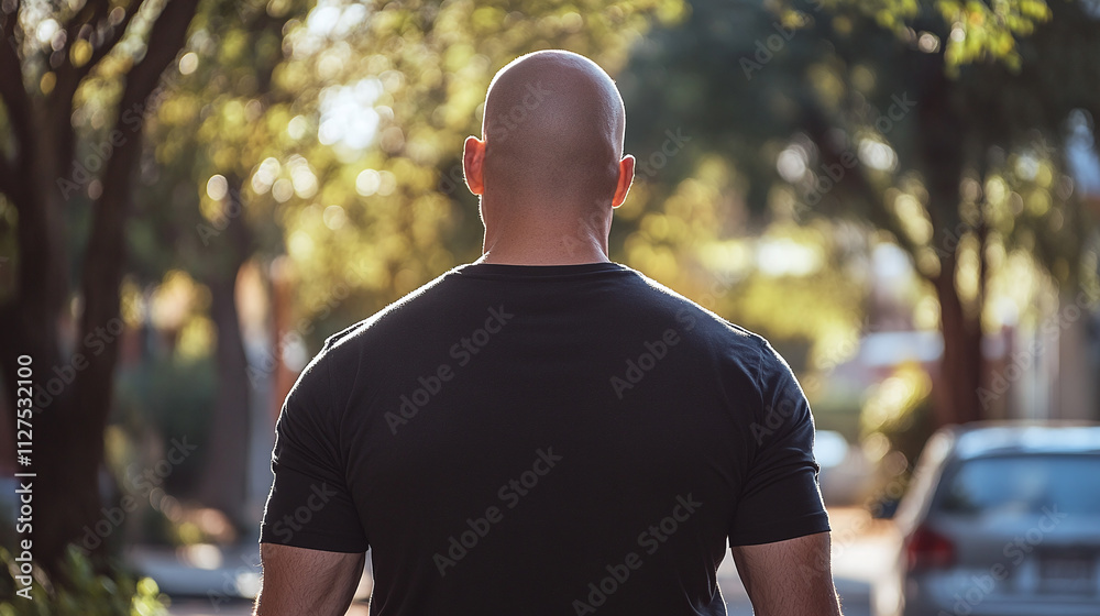Obraz premium Rearview of the security guard wearing a black t shirt, walking outdoors, copy space. muscular and fit bald guy, strong adult man back view. professional bodyguard service, monitoring, patrolling.