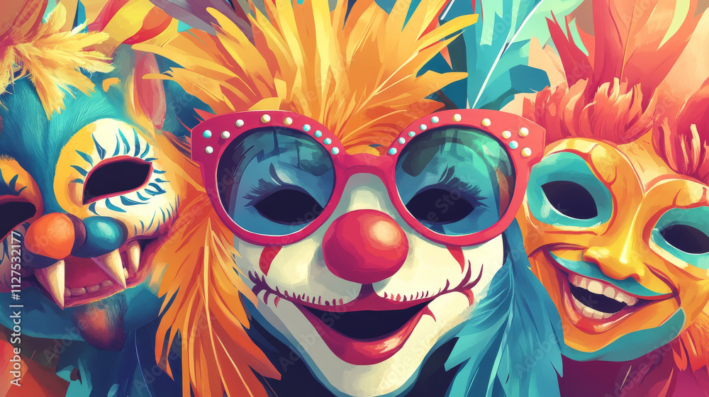 Set of carnival fest masks isolated on black background. Vector cartoon illustration of masquerade party costume elements for face decorated with feather, glasses, clown nose, moustache, animal muzzle Set of carnival fest masks isolated on black background. Vector cartoon illustration of masquerade party costume elements for face decorated with feather, glasses, clown nose, moustache, animal muzzle