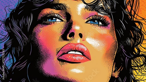 Close-up portrait of a woman with vibrant, colorful, pop art style.