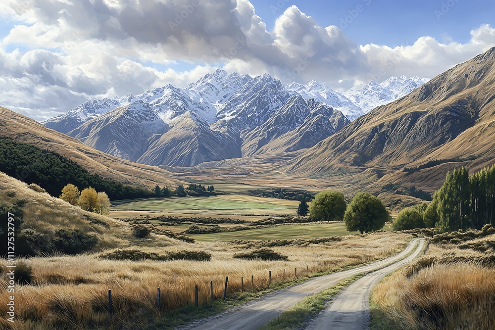 Serene landscape with mountains, a winding road, and lush greenery under a blue sky.