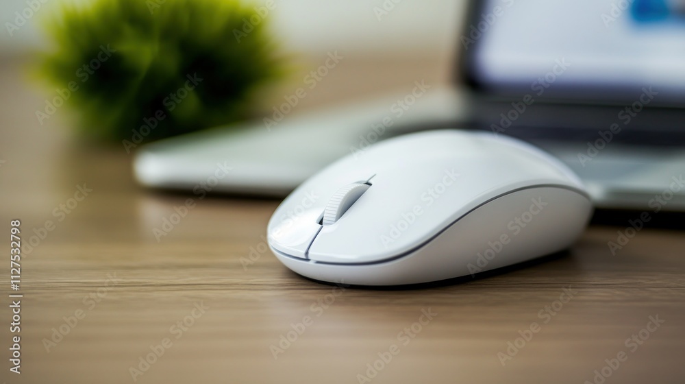 A white computer mouse on a wooden desk near a laptop and a small plant. A white computer mouse on a wooden desk near a laptop and a small plant.
