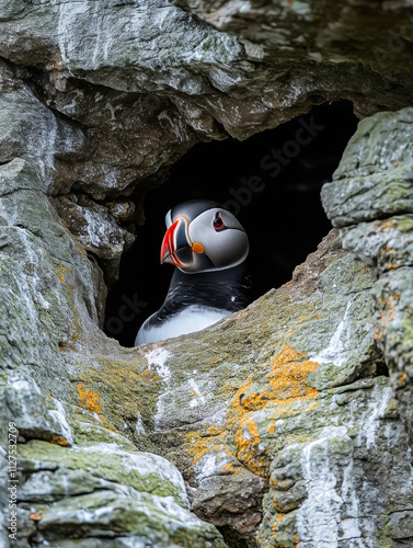 Puffin perched at its nest in the rocky cliffs of Orkney's coast photo