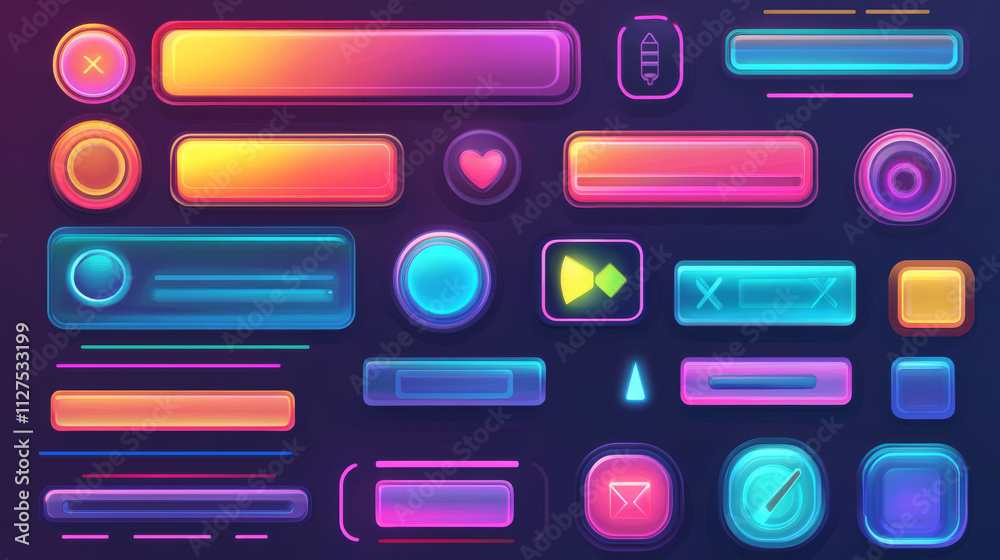 Set of game frames, bars and menu buttons cartoon interface elements. Empty borders with banners, ui or gui design blue, red and green scales, play, pause keys, user panel settings isolated vector kit Set of game frames, bars and menu buttons cartoon interface elements. Empty borders with banners, ui or gui design blue, red and green scales, play, pause keys, user panel settings isolated vector kit