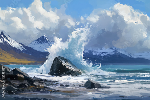 Large chunk of ice breaking off a glacier and falling into the ocean, illustrating glacial calving