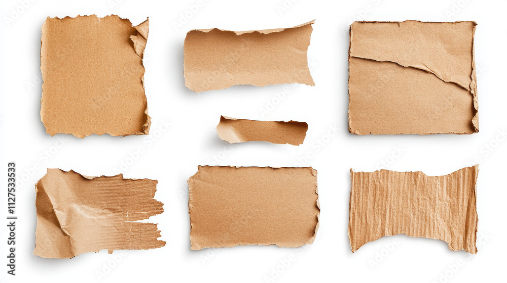 Torn cardboard paper set. Brown ragged ripped sheets pieces with corrugated texture isolated on white background, edge blank mock up for ads design. Realistic 3d vector illustration, icon, clip art Torn cardboard paper set. Brown ragged ripped sheets pieces with corrugated texture isolated on white background, edge blank mock up for ads design. Realistic 3d vector illustration, icon, clip art