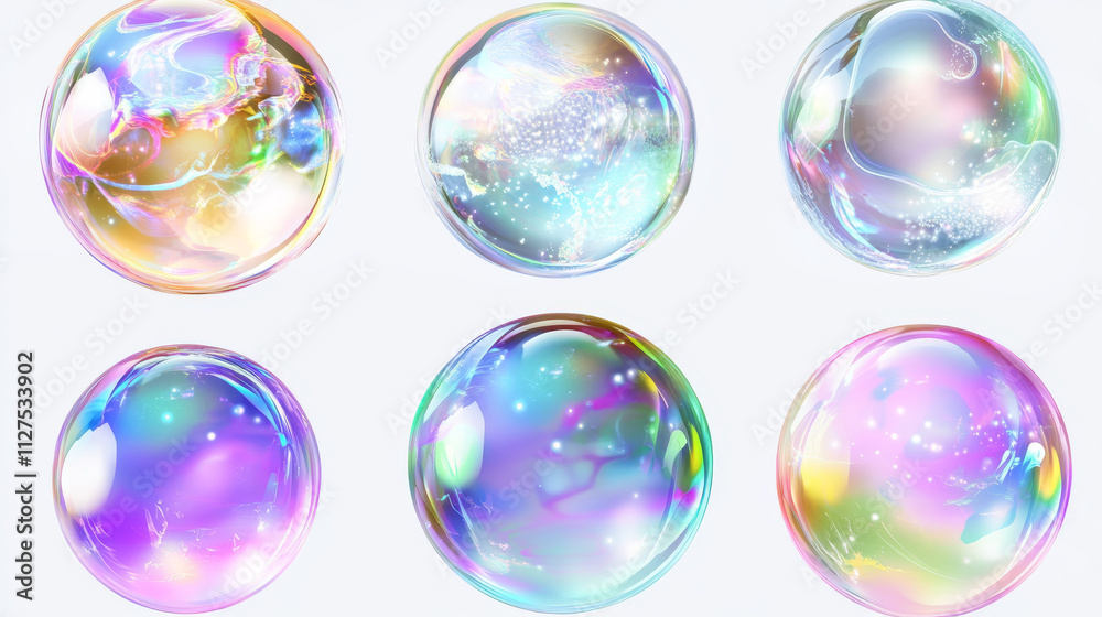 Obraz premium Neon soap bubbles, rainbow colorful iridescent glass balls or spheres isolated on transparent background. Water foam, shiny bright soapy circles, Realistic 3d vector illustration, set