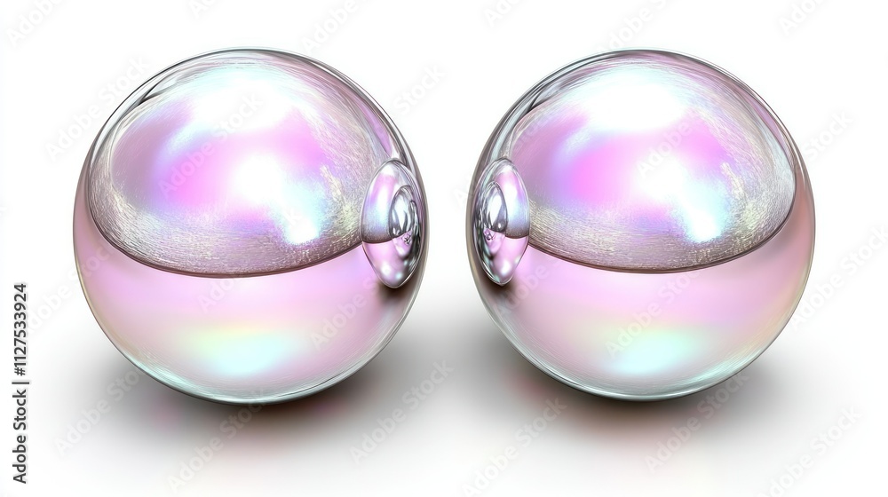 Obraz premium Two shiny, iridescent spheres reflecting light and color.