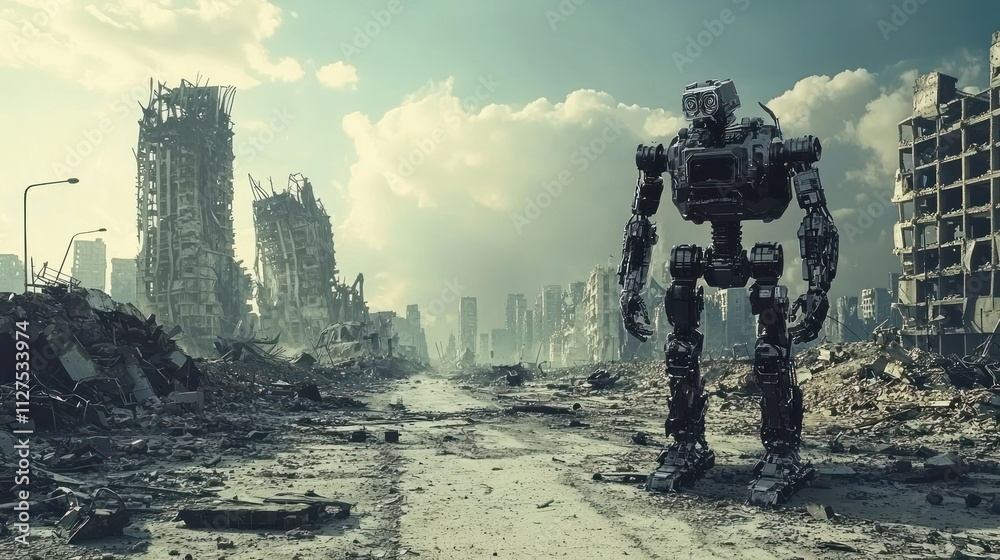 A futuristic robot stands amidst a desolate, post-apocalyptic urban landscape. A futuristic robot stands amidst a desolate, post-apocalyptic urban landscape.