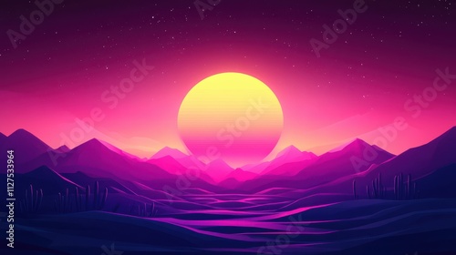 Vibrant sunset over purple mountains and desert.