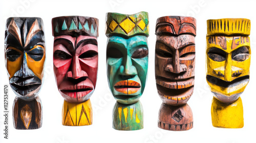 Hawaiian tribal totems with tiki masks on poles. Polynesian god wooden statues, colored native african tikki masks isolated on white background, vector cartoon set