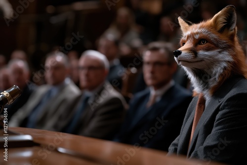 A visually striking image of a fox in formal attire appearing before a court, symbolizing a blend of reality and fantasy in a thought-provoking scenario. photo