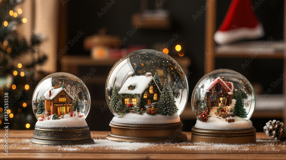 Realistic glass domes with snow, christmas globe souvenirs, isolated crystal semisphere containers on copper or brass base of various shape and size. Festive xmas gift mock up, Realistic 3d vector set