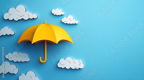 Yellow umbrella under blue sky with clouds.