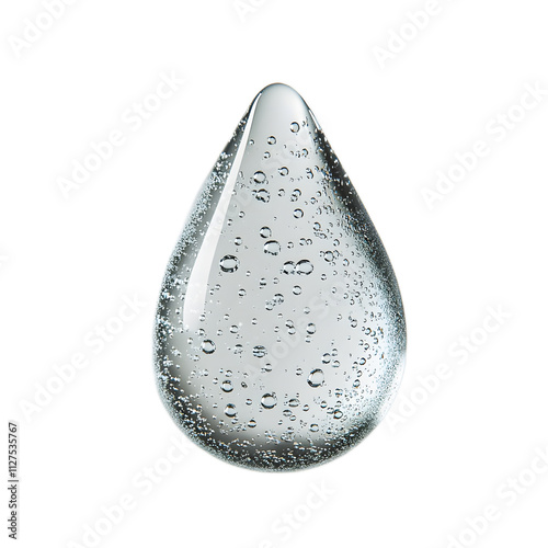 Transparent water droplet with bubbles on a clean background