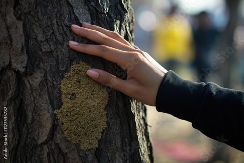 A person's hand reaches out to touch a tree trunk in nature photo