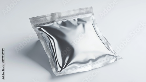 Foil pouch bag mockup. Plastic sachet pack for food or snack vector mock up. 3d silver aluminum zipper package template. Clear mask or chips pillow wrap sample. Medicine or powder gray container photo