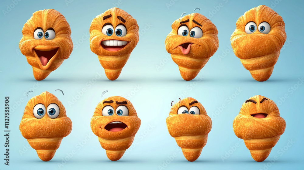 Cartoon croissant character with different emotions on face. Set of funny baked buns with big eyes and mouth happy, smiling, sad, angry, scared, surprised, crazy. Bakery emoji vector illustration Cartoon croissant character with different emotions on face. Set of funny baked buns with big eyes and mouth happy, smiling, sad, angry, scared, surprised, crazy. Bakery emoji vector illustration