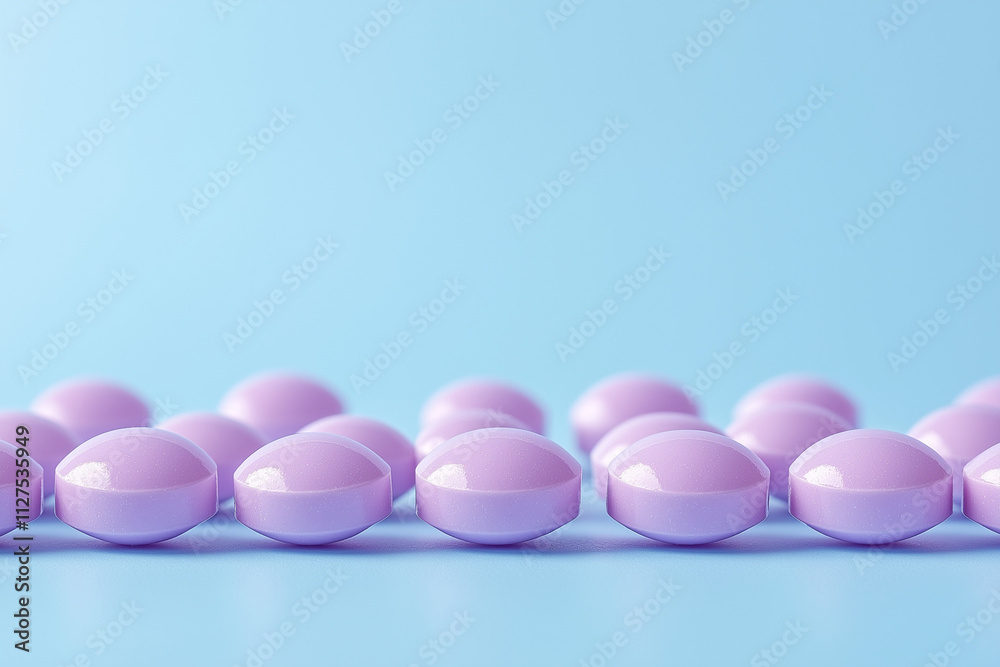 Serene arrangement of lavender pills on a calm blue background, symbolizing relaxation and gentle care, related to mental health, sleep aid, or stress relief. Serene arrangement of lavender pills on a calm blue background, symbolizing relaxation and gentle care, related to mental health, sleep aid, or stress relief.