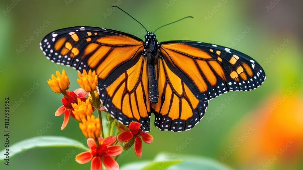 Fototapeta premium A vibrant monarch butterfly perched on colorful flowers in a natural setting.