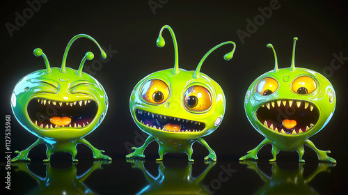 Green cyclope monster emotions set. Vector cartoon illustration of neon color alien creature with antennas on head and funny belly isolated on black background. Happy, laughing, angry, scared face photo