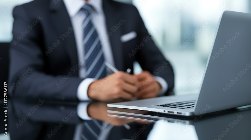 A business professional seated at a desk with a laptop, preparing for a meeting. A business professional seated at a desk with a laptop, preparing for a meeting.