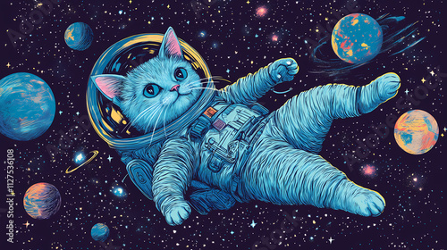 An ashen cat astronaut in a spacesuit floats in outer space among the stars and planets. Ashen. Illustration photo