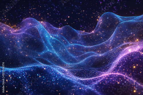 Abstract glowing energy waves flowing through a dark cosmic background.